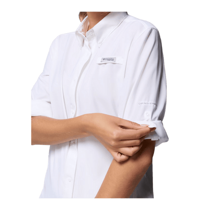 COLUMBIA WOMEN'S TAMIAMI II LONG SLEEVE SHIRT - WHITE - CLOSE-UP VIEW