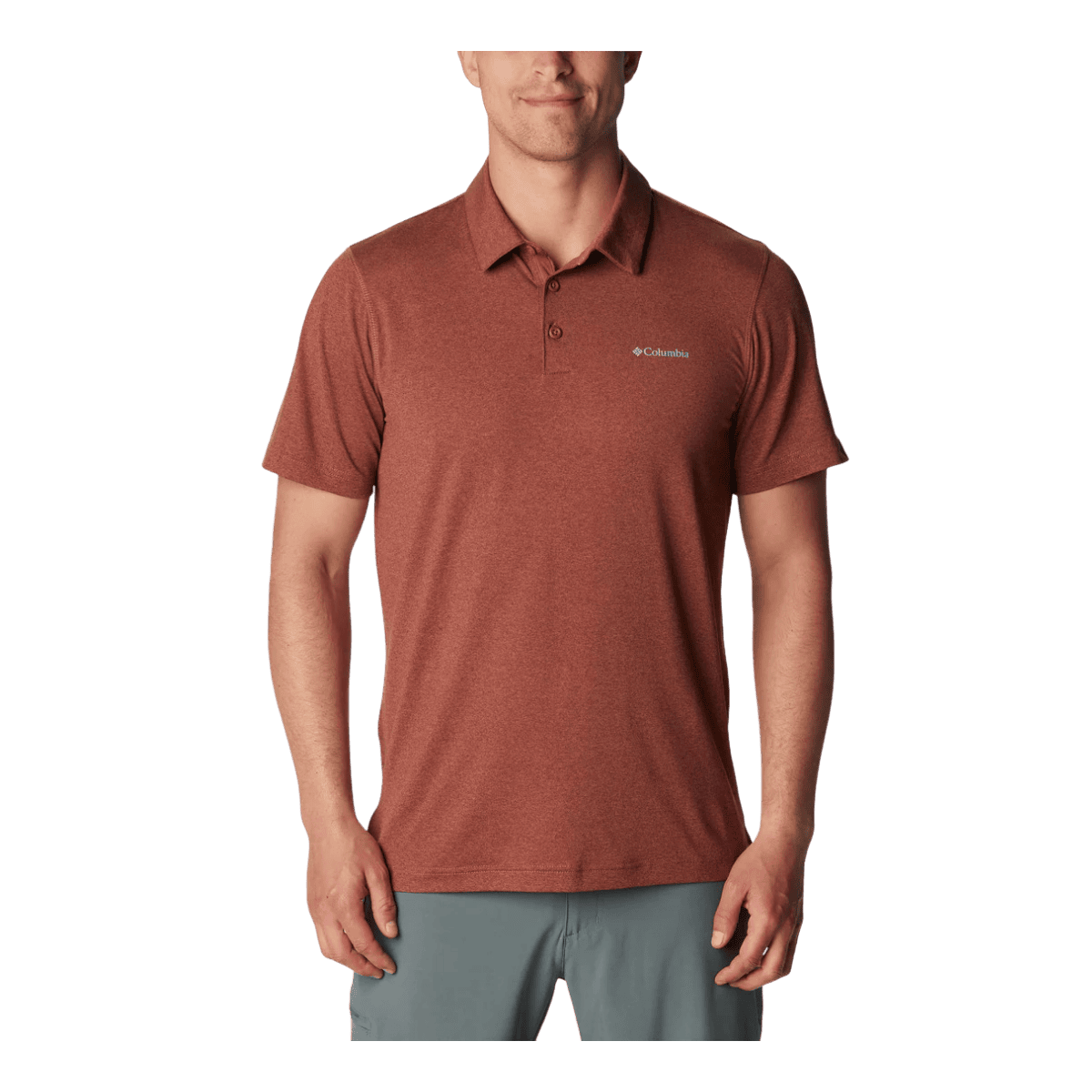 COLUMBIA MEN'S TECH TRAIL POLO SHIRT - AUBURN HEATHER - FRONT VIEW