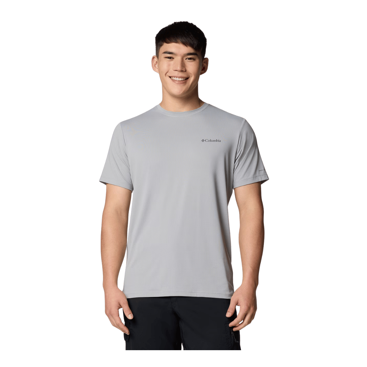COLUMBIA MEN'S TECH TRAIL UTILITY SHORT SLEEVE CREW SHIRT - COLUMBIA GREY - FRONT VIEW
