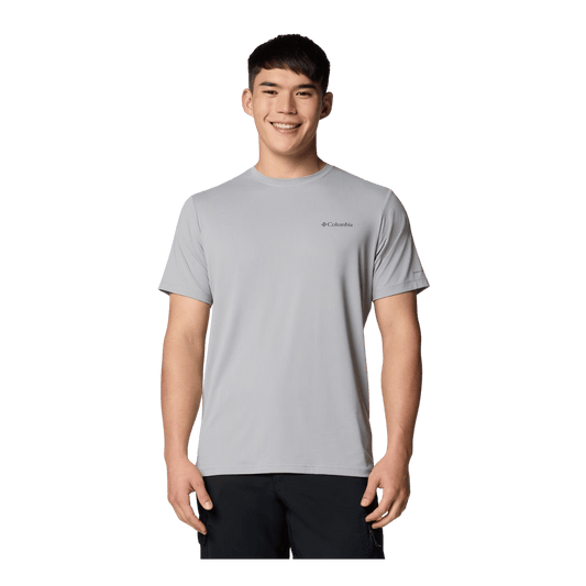 COLUMBIA MEN'S TECH TRAIL UTILITY SHORT SLEEVE CREW SHIRT - COLUMBIA GREY - FRONT VIEW