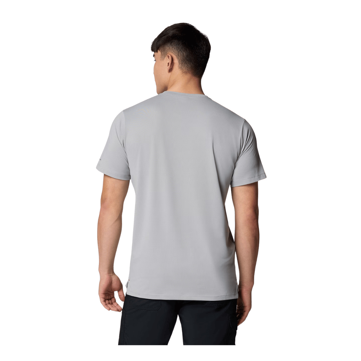 COLUMBIA MEN'S TECH TRAIL UTILITY SHORT SLEEVE CREW SHIRT - COLUMBIA GREY - BACK VIEW