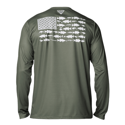 COLUMBIA MEN'S TERMINAL TACKLE PFG FISH FLAG LONG SLEEVE SHIRT - CYPRESS - BACK VIEW
