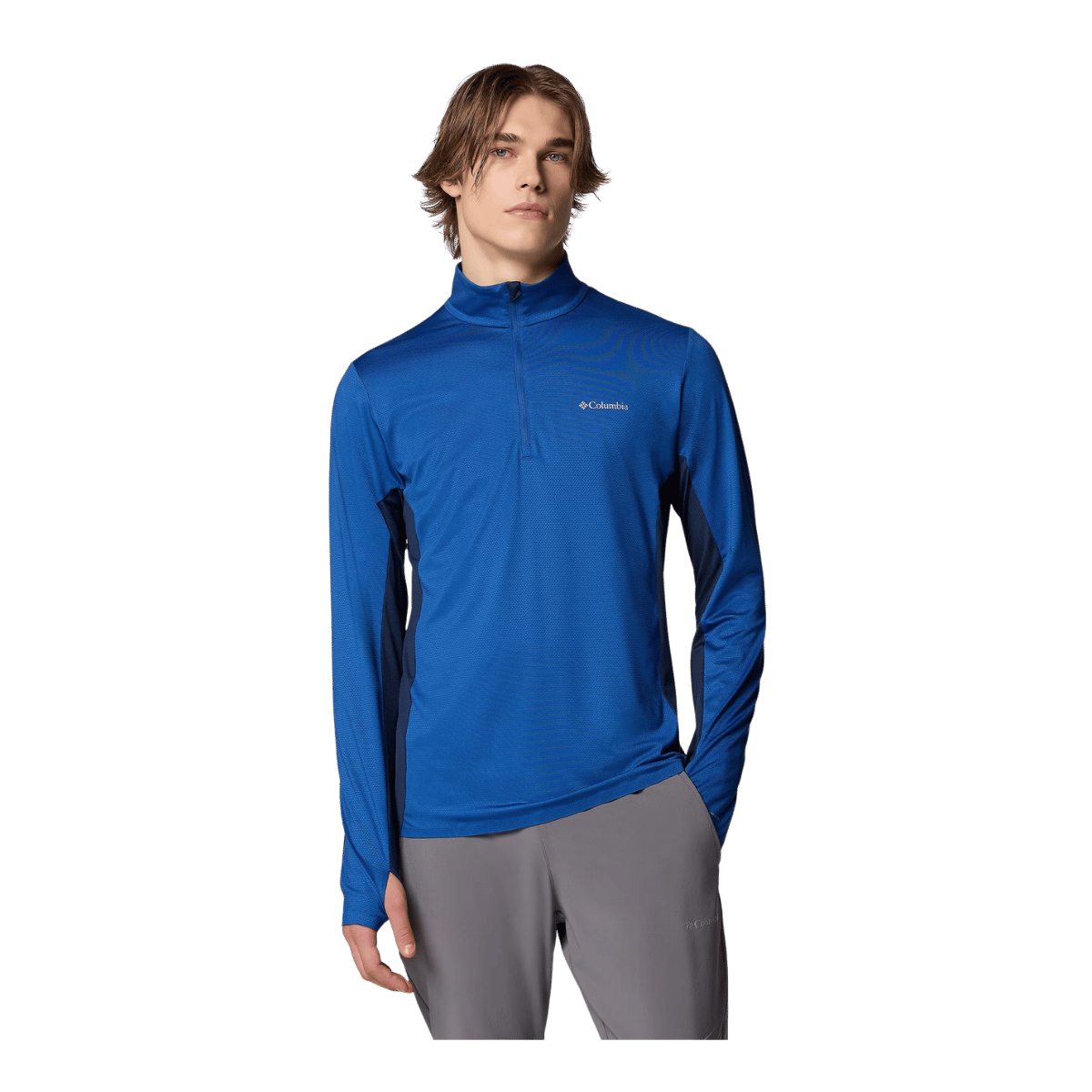 COLUMBIA MEN'S THREE PITCH HALF ZIP SHIRT - MTN BLUE/COLL NAVY- FRONT VIEW