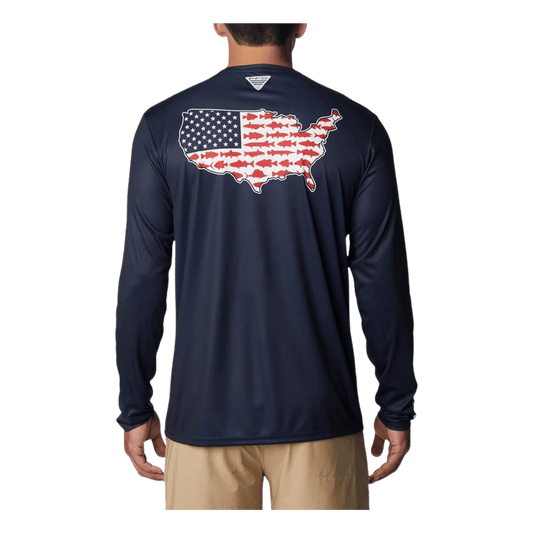 COLUMBIA MEN'S TERMINAL TACKLE PFG STATETRIOT LONG SLEEVE - COLLEGIATE NAVY - BACK VIEW