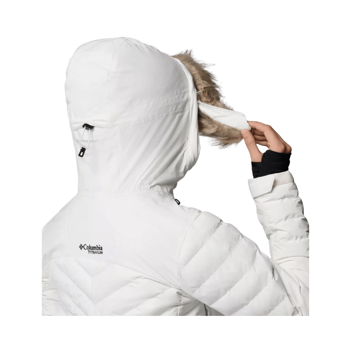 COLUMBIA WOMEN'S BIRD MOUNTAIN III INSULATED JACKET - SEA SALT - HOOD DETAIL VIEW