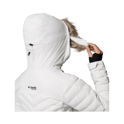 COLUMBIA WOMEN'S BIRD MOUNTAIN III INSULATED JACKET - SEA SALT - HOOD DETAIL VIEW