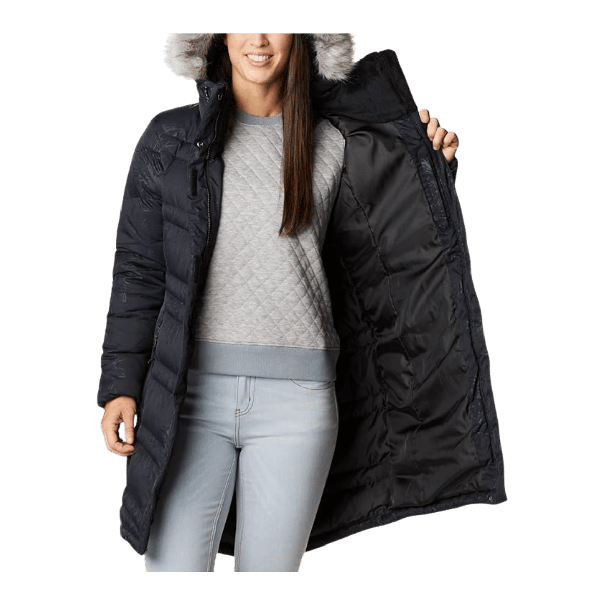 COLUMBIA WOMEN'S CATHERINE CREEK MID DOWN JACKET - BLACK AURELIAN  OPEN FRONT VIEW