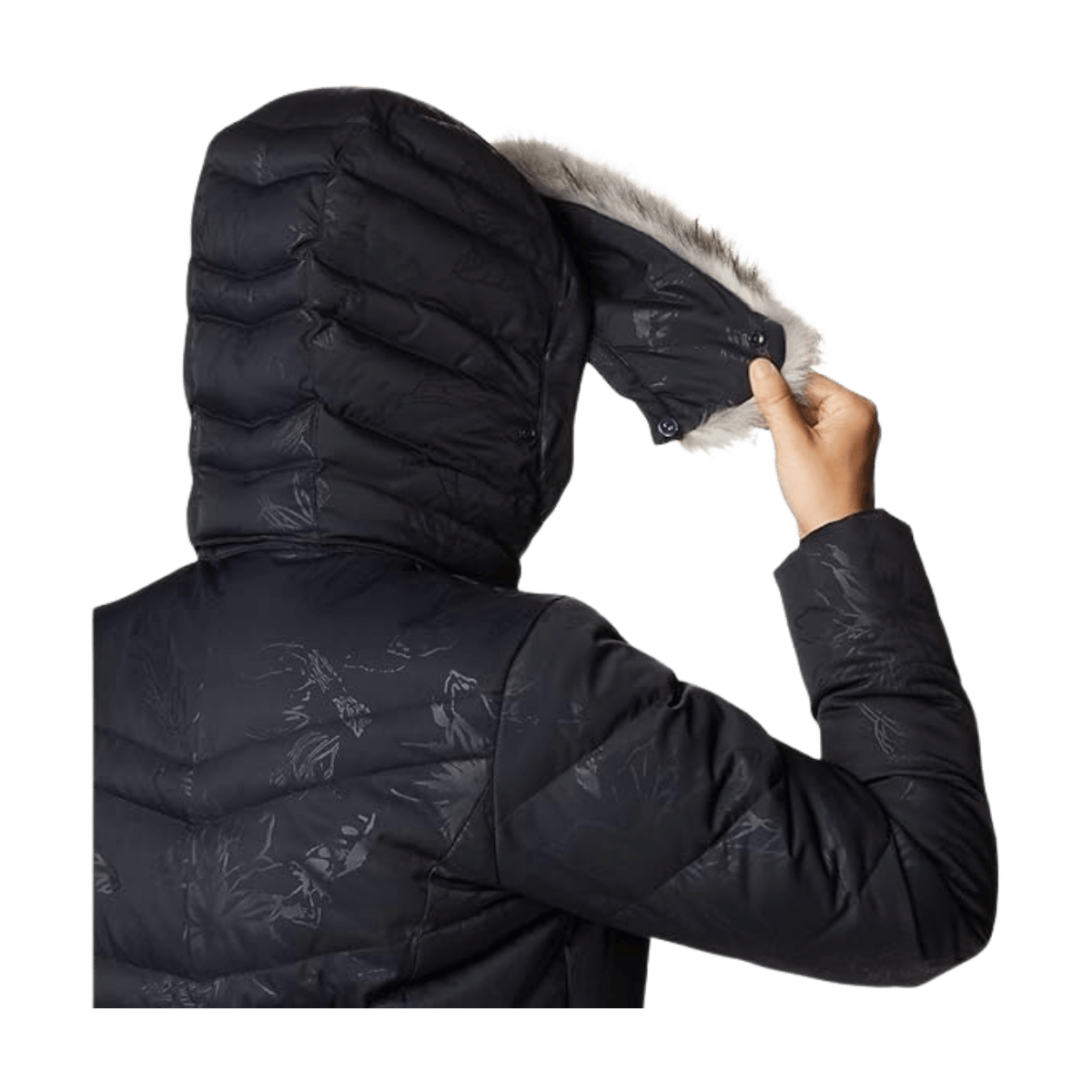COLUMBIA WOMEN'S CATHERINE CREEK MID DOWN JACKET - BLACK AURELIAN - HOODY VIEW