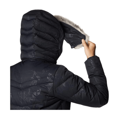 COLUMBIA WOMEN'S CATHERINE CREEK MID DOWN JACKET - BLACK AURELIAN - HOODY VIEW