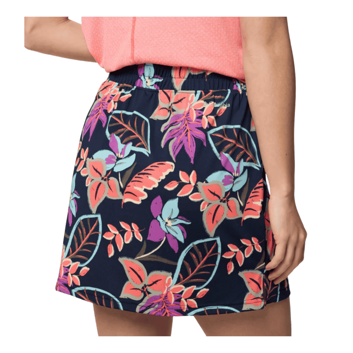 COLUMBIA WOMEN'S CHILL RIVER PRINTED SKORT - HOT CORAL PASTELED - BACK VIEW