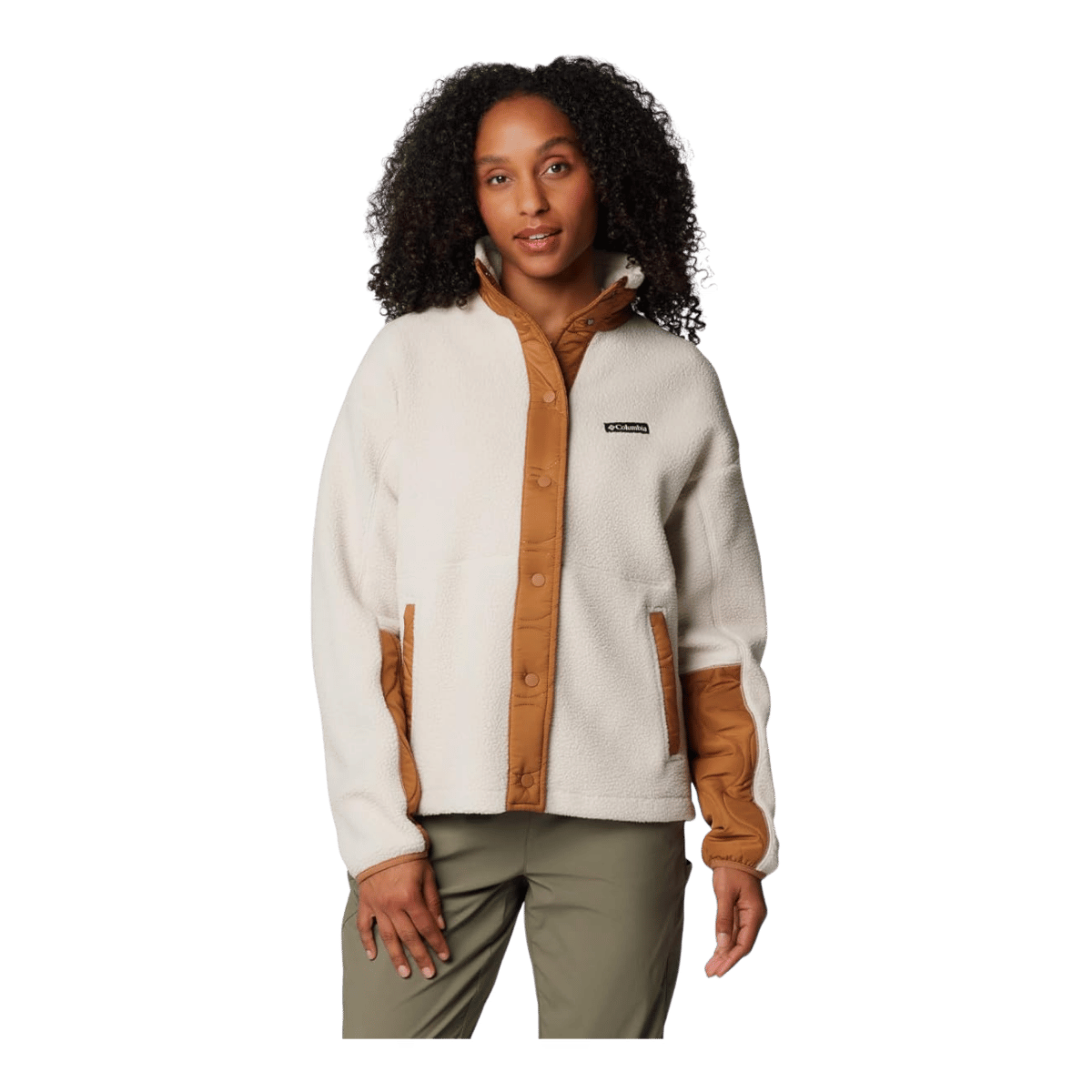 COLUMBIA WOMEN'S CLOUD PRINT SNAP FLEECE JACKET - CAMEL BROWN - FRONT VIEW