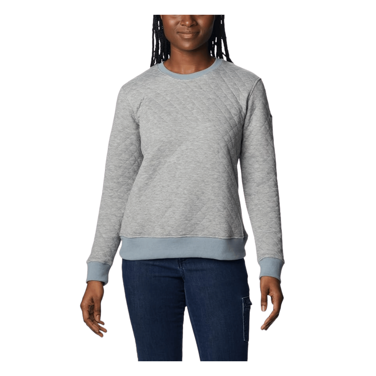 COLUMBIA WOMEN'S LODGE QUILTED CREW - LIGHT GREY HEATHER - FRONT VIEW