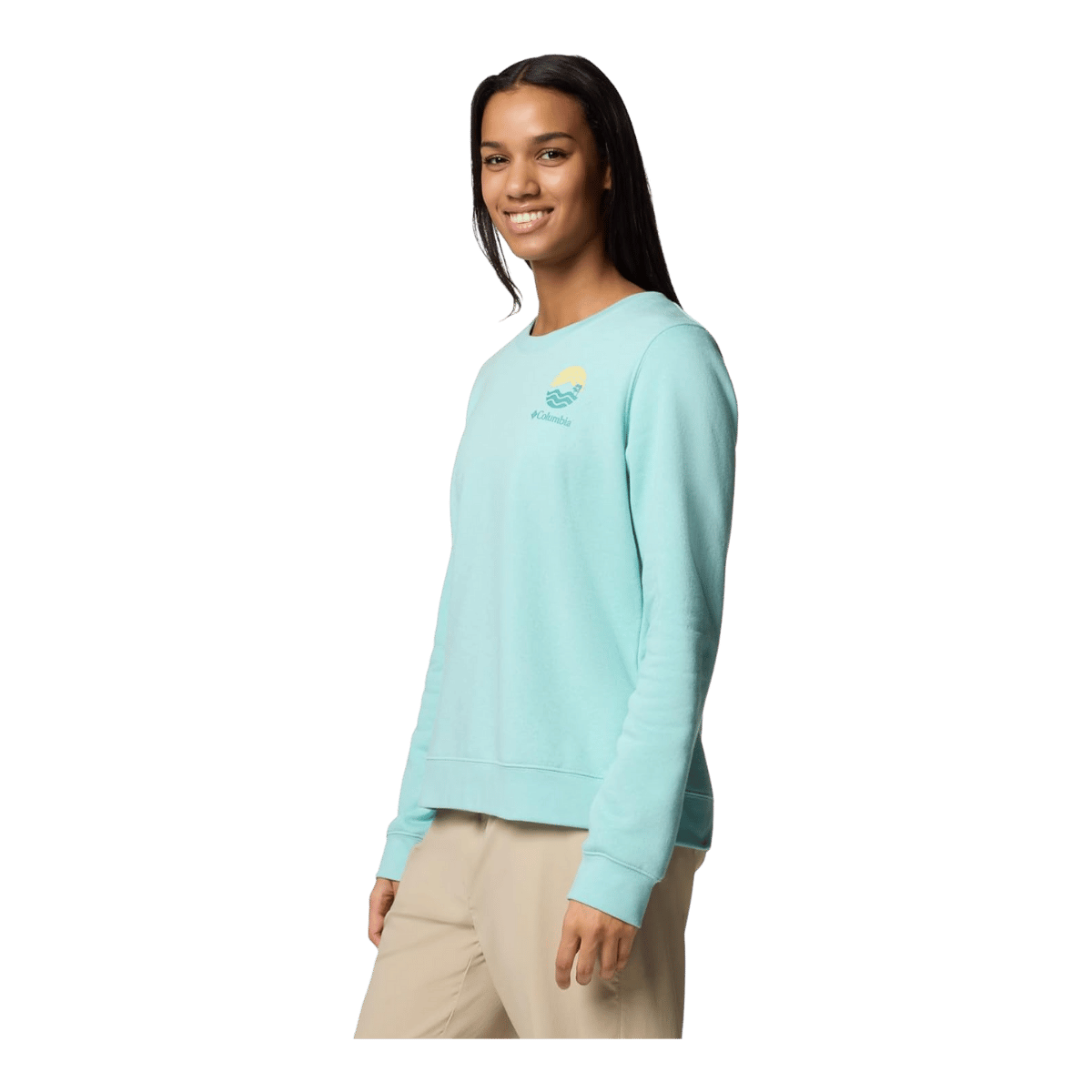 COLUMBIA WOMEN'S TREK GRAPHIC CREW SWEATSHIRT - SPRAY CIRCULAR - SIDE VIEW