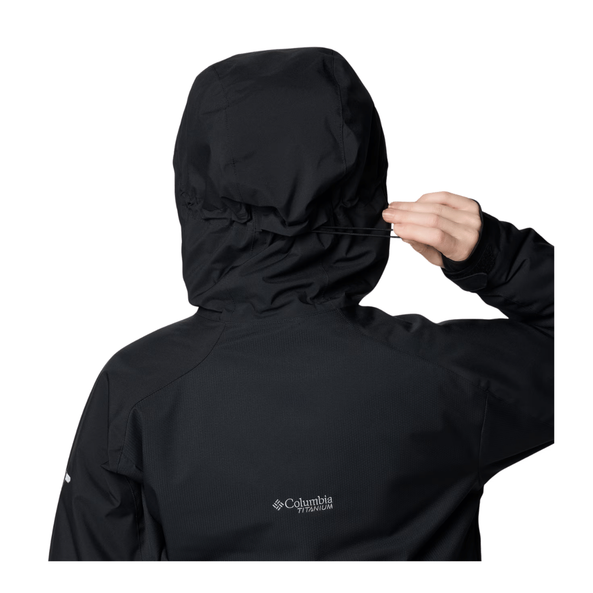 COLUMBIA WOMEN'S HIGHLAND SUMMIT II INSULATED HOODED JACKET - BLACK - BACK HOOD VIEW