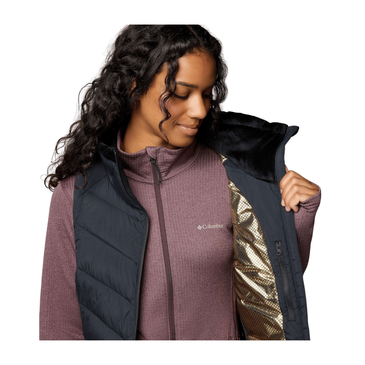 COLUMBIA WOMEN'S JOY PEAK II LONG VEST - BLACK - FRONT INNER VIEW