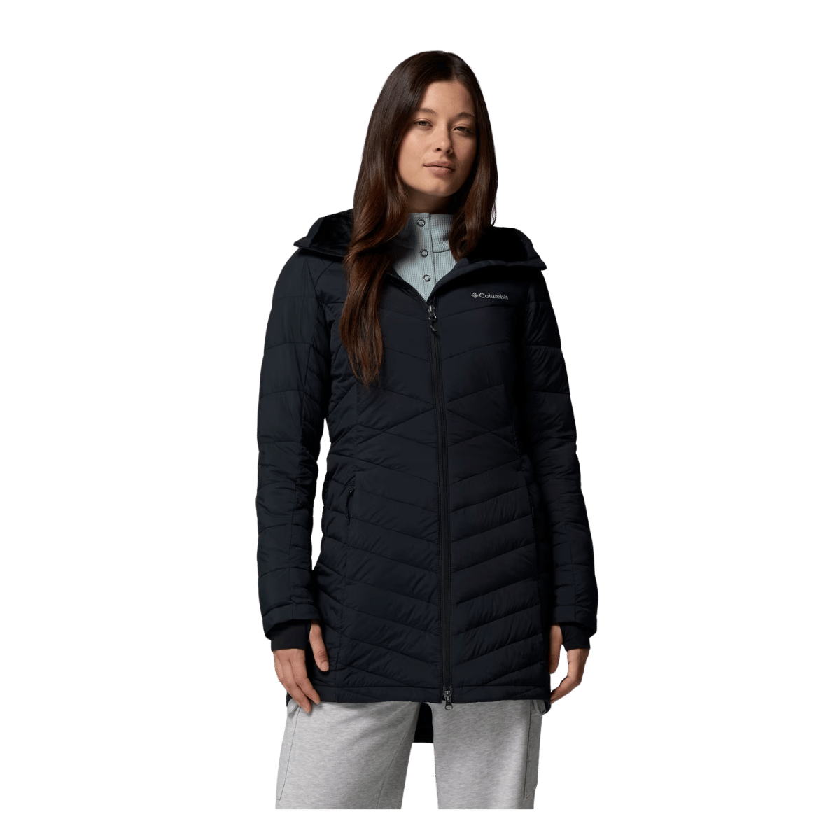 COLUMBIA WOMEN'S JOY PEAK II MID HOODED JACKET - BLACK - FRONT VIEW