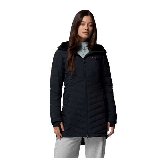 COLUMBIA WOMEN'S JOY PEAK II MID HOODED JACKET - BLACK - FRONT VIEW
