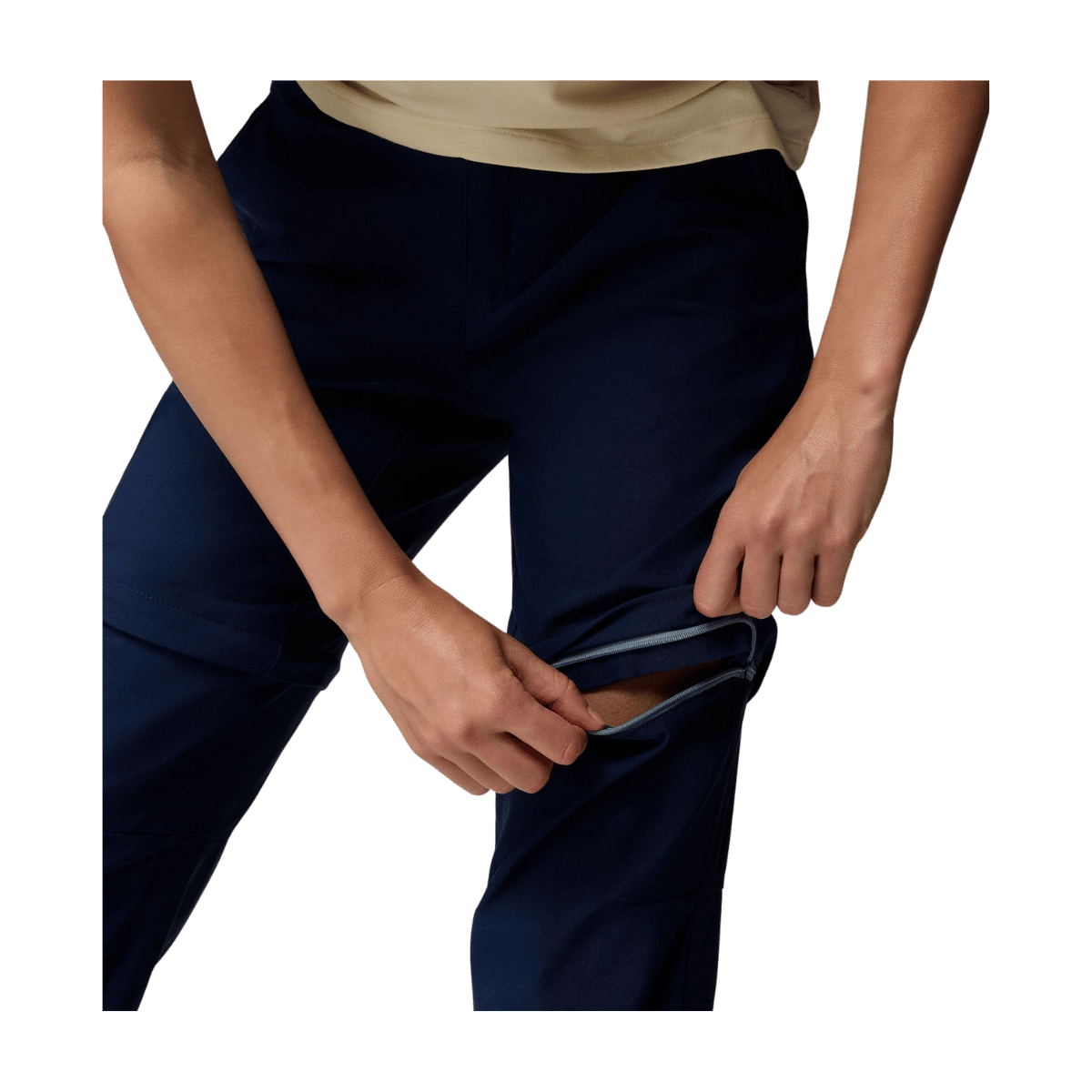 COLUMBIA WOMEN'S LESLIE FALLS CONVERTIBLE PANTS - COLLEGIATE NAVY - FEATURE VIEW ZIP-OFF LEG FUNCTION