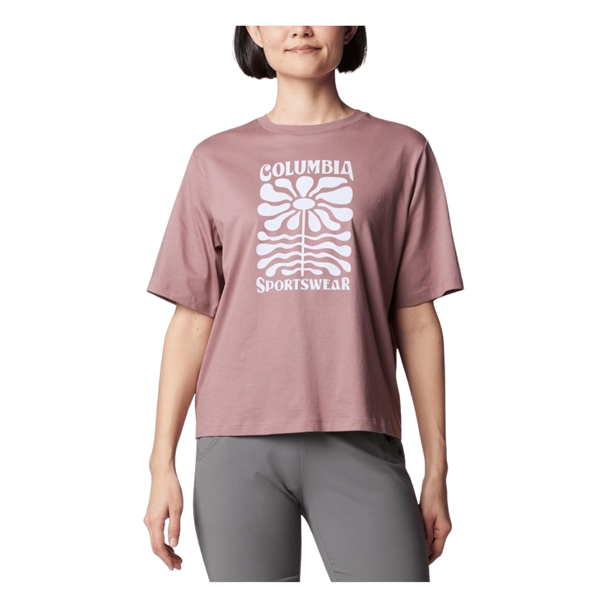 COLUMBIA WOMEN'S NORTH CASCADES RELAXED TEE SHIRT - FIG - FRONT VIEW