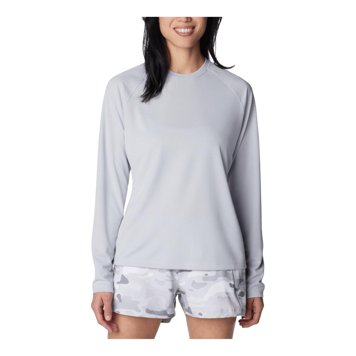 COLUMBIA WOMEN'S PFG SOLAR STREAM LONG SLEEVE - CIRRUS GREY - FRONT VIEW