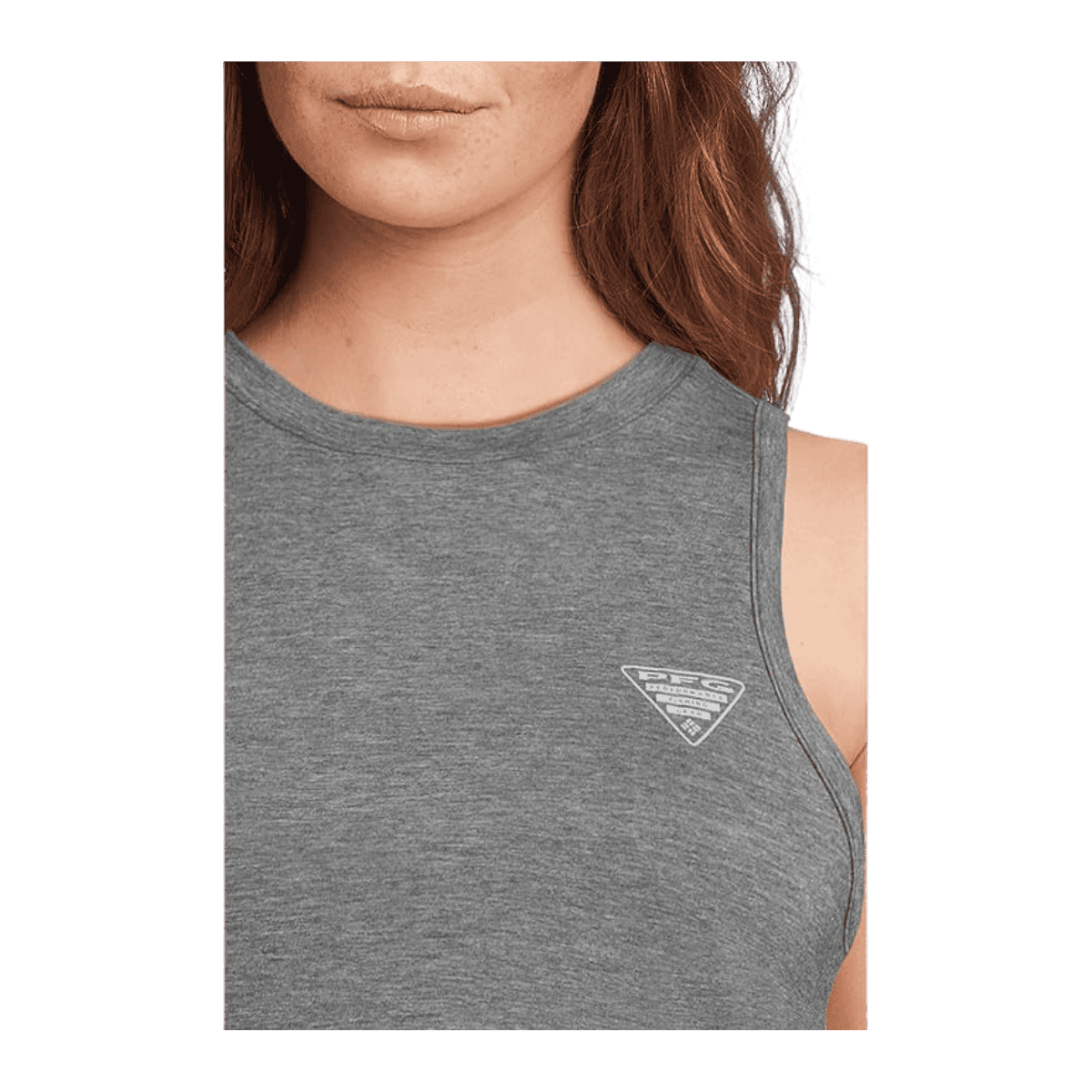 COLUMBIA WOMEN'S PFG UNCHARTED TANK - SHARK HEATHER - CLOSE-UP VIEW