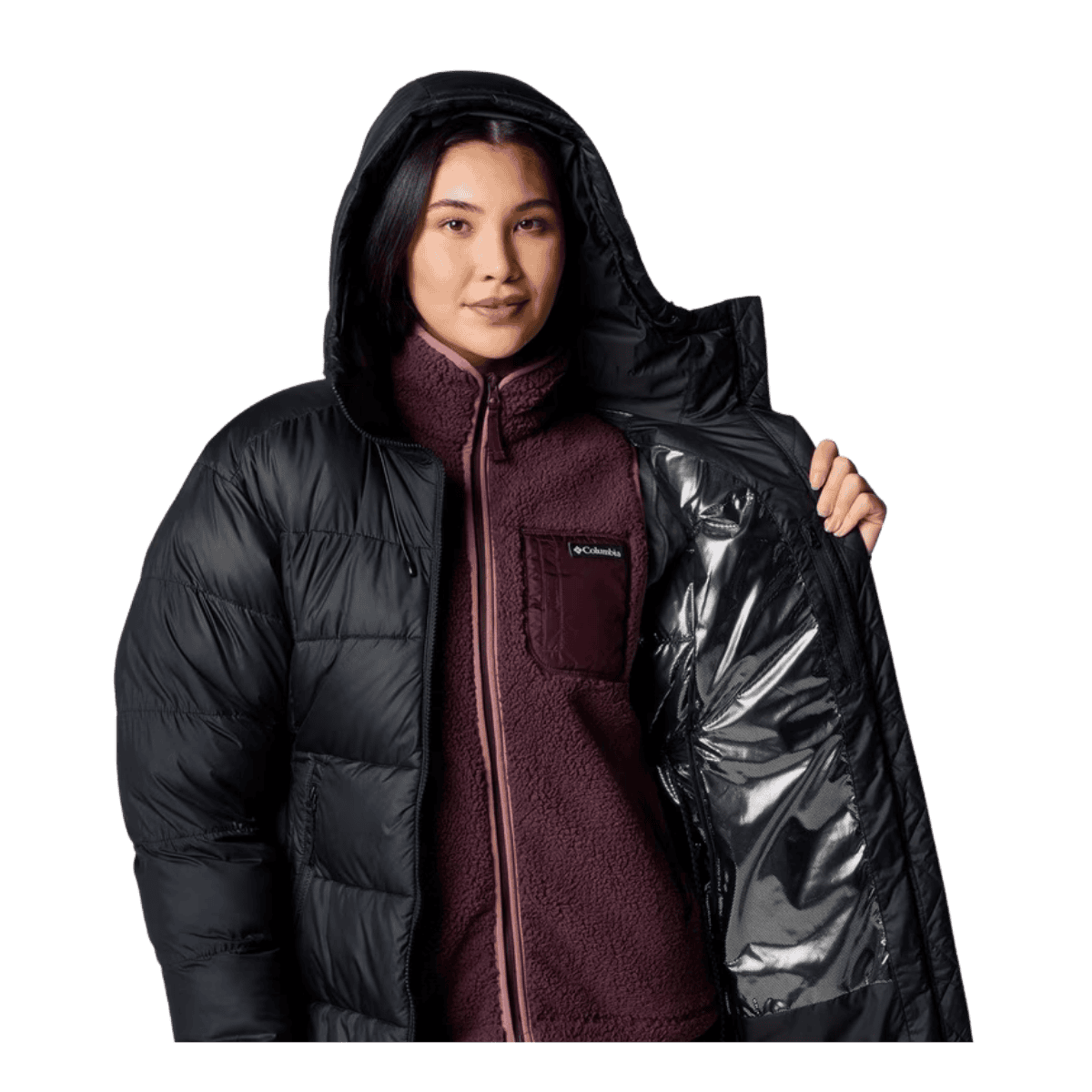 COLUMBIA WOMEN'S PIKE LAKE II LONG PUFFER JACKET - BLACK - FRONT INNER VIEW