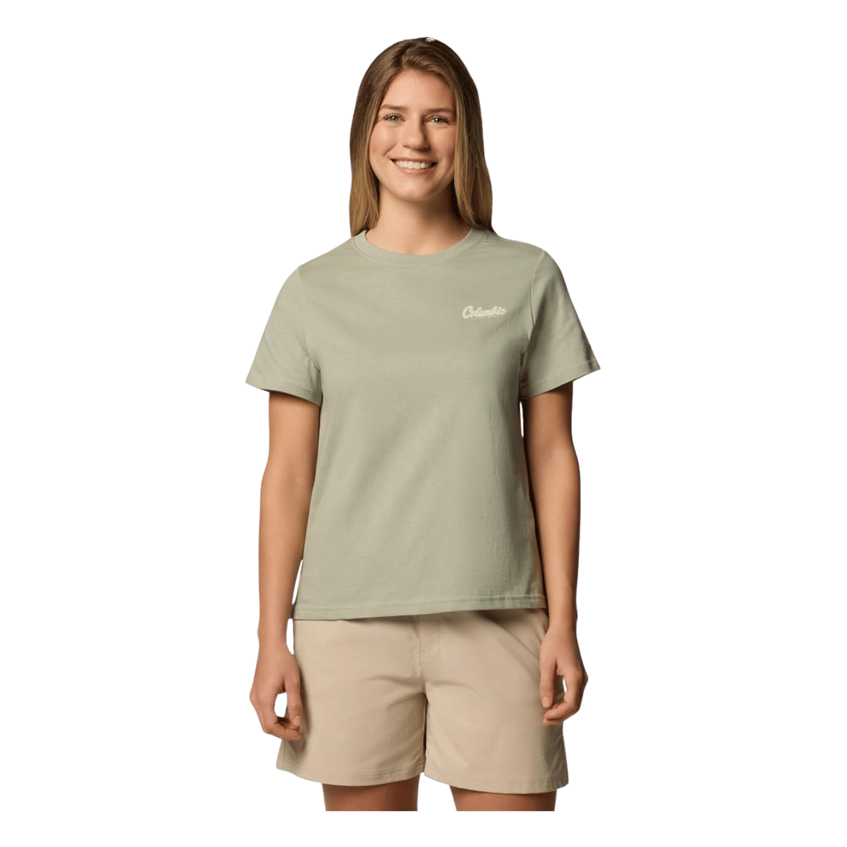 COLUMBIA WOMEN'S ROLLING BEND GRAPHIC SHORT SLEEVE SHIRT - SAFARI - FRONT VIEW