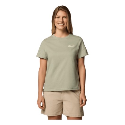 COLUMBIA WOMEN'S ROLLING BEND GRAPHIC SHORT SLEEVE SHIRT - SAFARI - FRONT VIEW