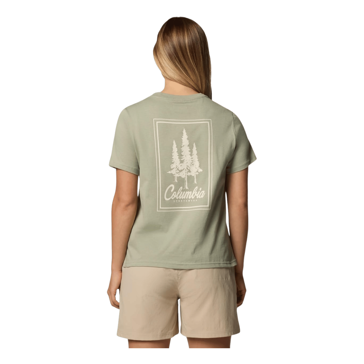COLUMBIA WOMEN'S ROLLING BEND GRAPHIC SHORT SLEEVE SHIRT - SAFARI - BACK VIEW