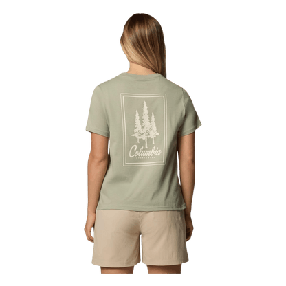COLUMBIA WOMEN'S ROLLING BEND GRAPHIC SHORT SLEEVE SHIRT - SAFARI - BACK VIEW