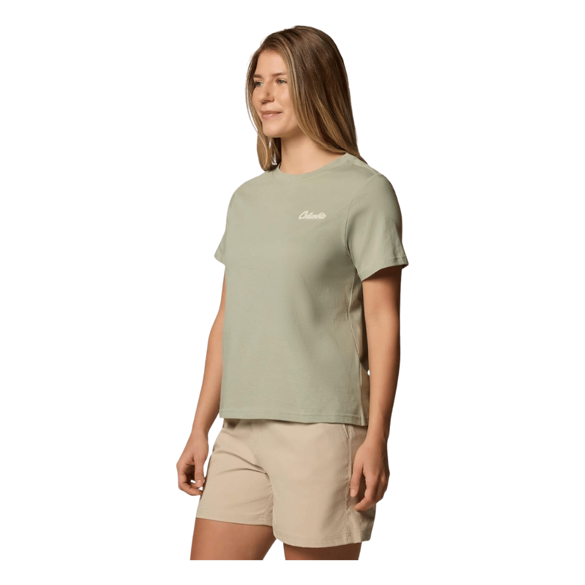 COLUMBIA WOMEN'S ROLLING BEND GRAPHIC SHORT SLEEVE SHIRT - SAFARI - SIDE VIEW