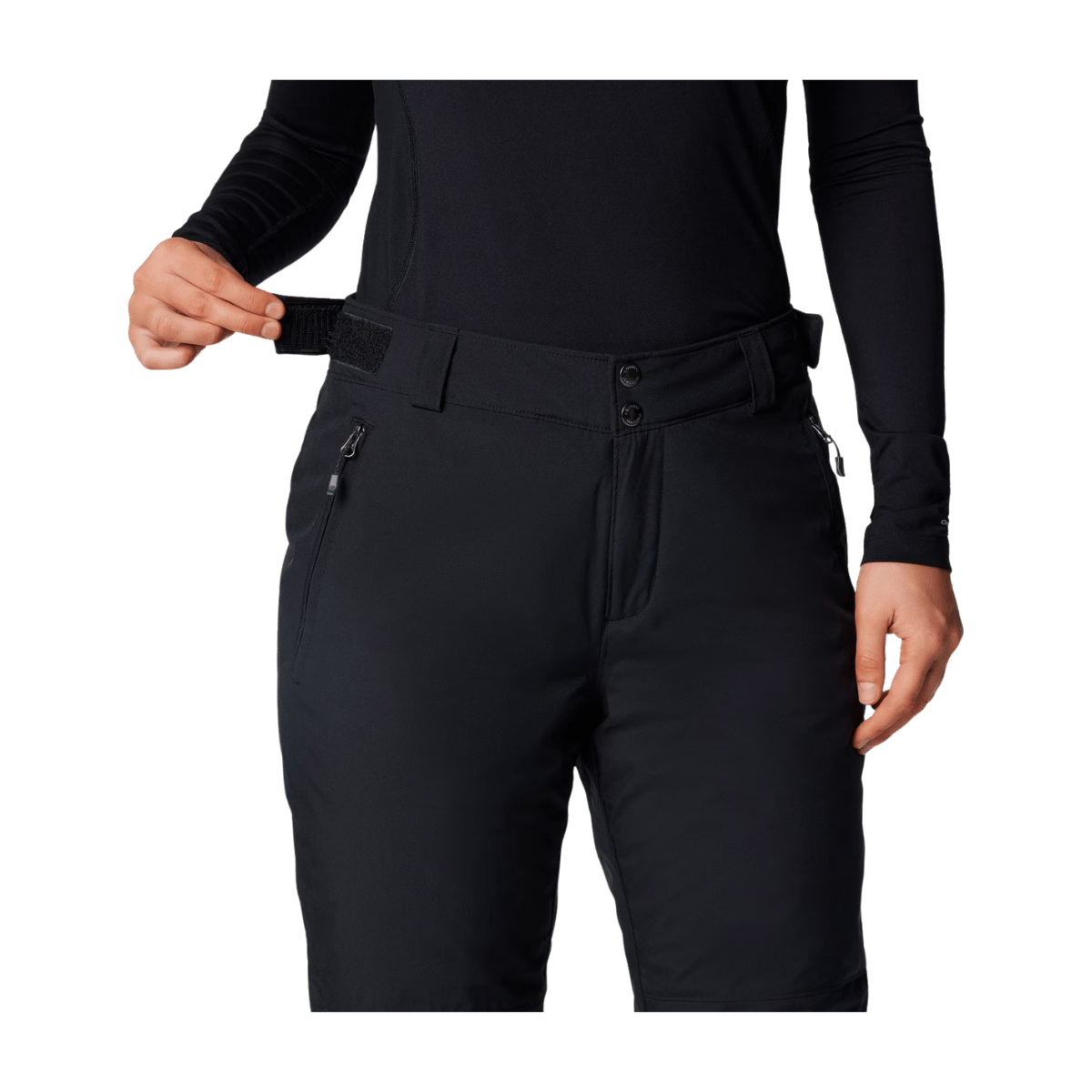 COLUMBIA WOMEN'S SHAFER CANYON II INSULATED PANTS - BLACK - WAIST DETAIL VIEW