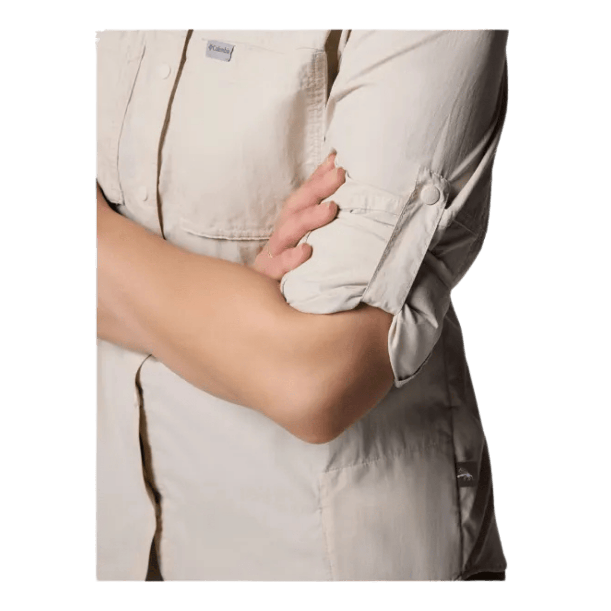 COLUMBIA WOMEN'S SKIEN VALLEY LONG SLEEVE SHIRT - DARK STONE - CLOSE-UP SIDE VIEW