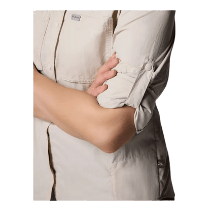 COLUMBIA WOMEN'S SKIEN VALLEY LONG SLEEVE SHIRT - DARK STONE - CLOSE-UP SIDE VIEW