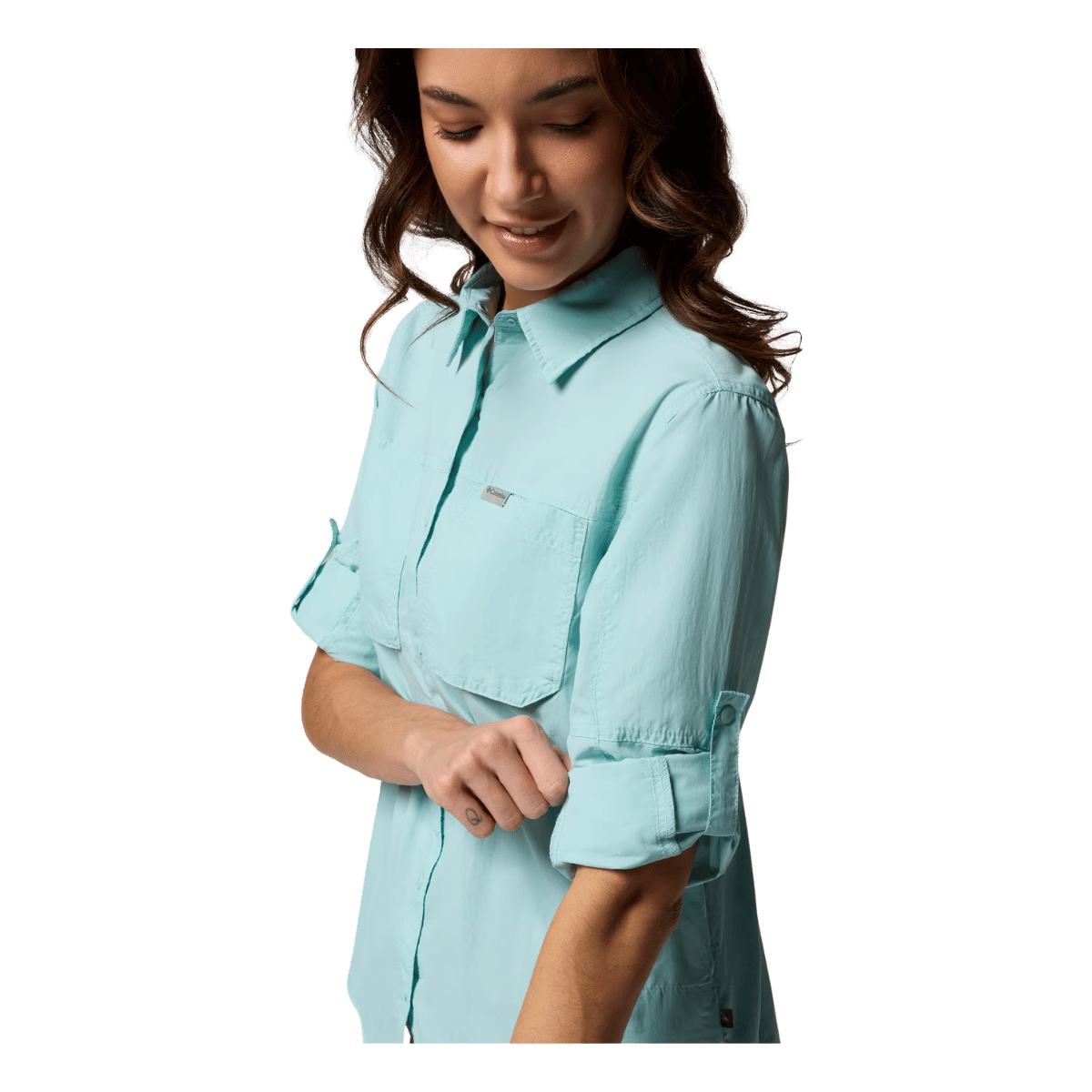 COLUMBIA WOMEN'S SKIEN VALLEY LONG SLEEVE SHIRT - SPRAY - CLOSE-UP SLEEVE SIDE VIEW