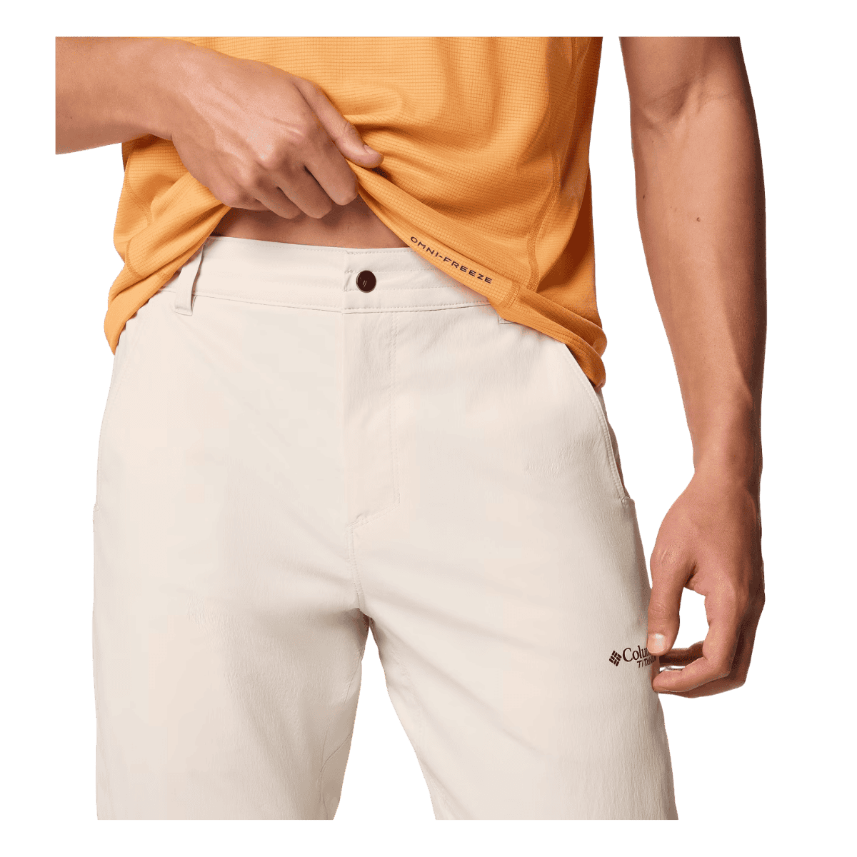 COLUMBIA MEN'S WANOGA PRO VENT PANTS - DARK STONE - CLOSE-UP WAIST FRONT VIEW
