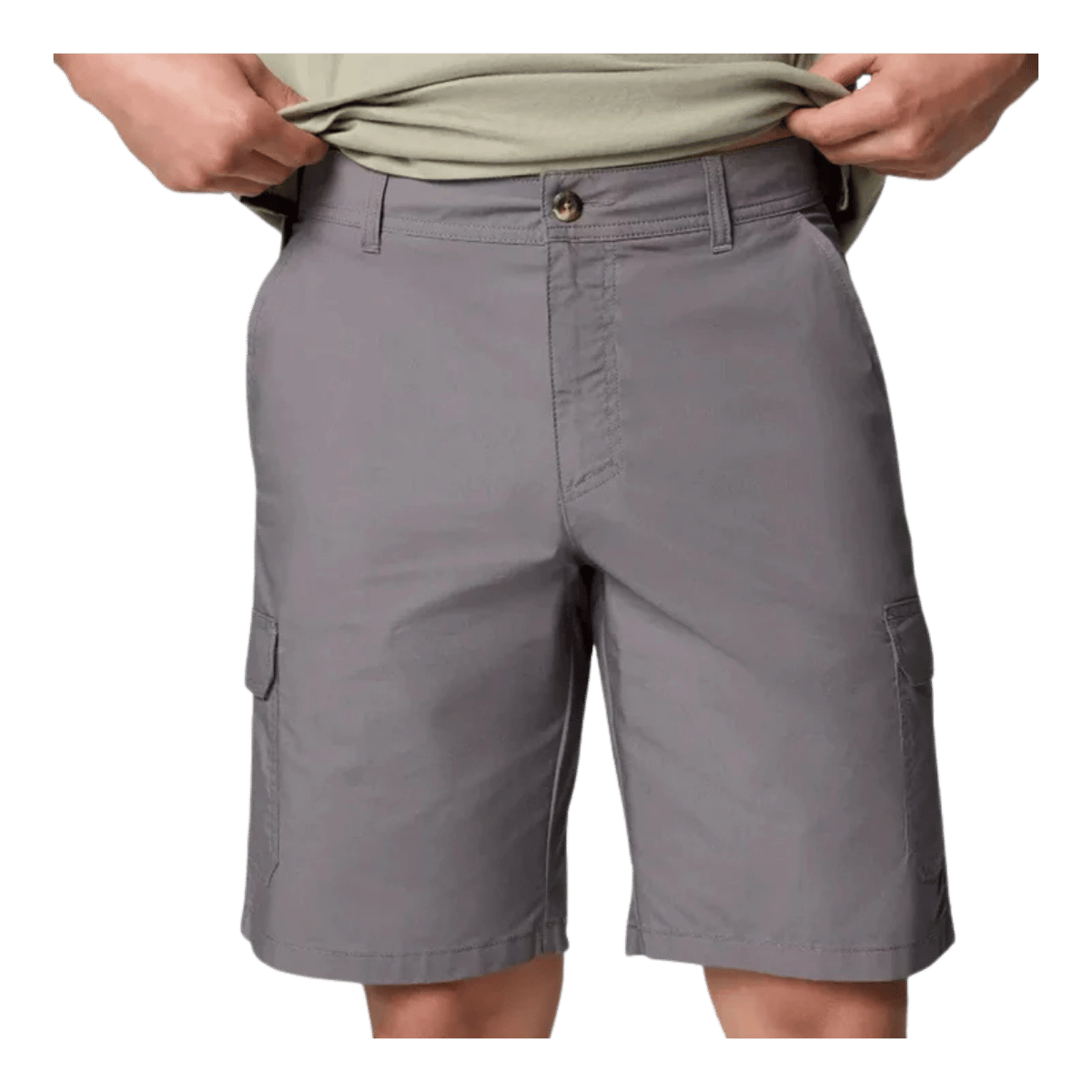 COLUMBIA MEN'S WASHED OUT CARGO SHORTS II 10" - CITY GREY - CLOSE-UP FRONT VIEW