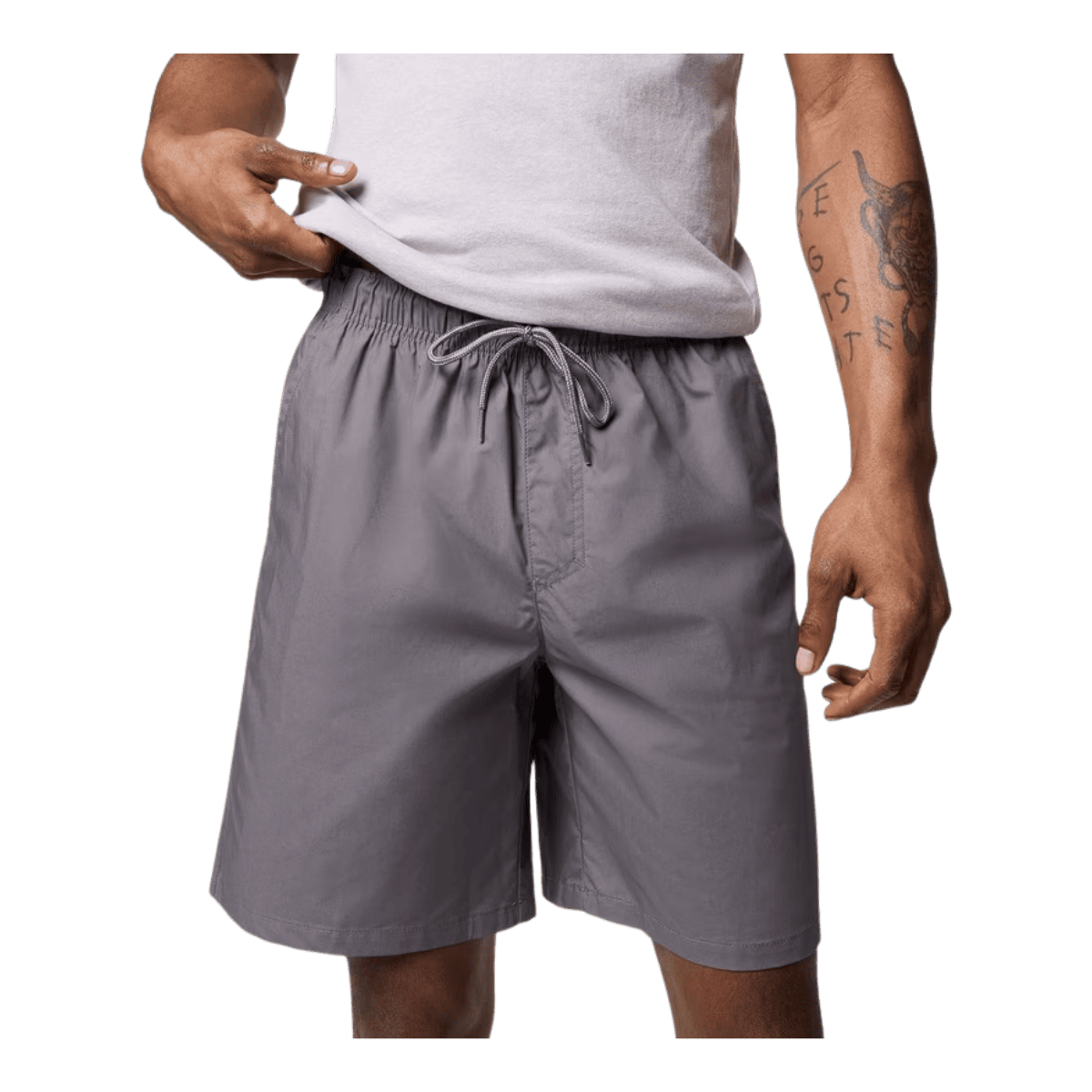 COLUMBIA MEN'S WASHED OUT EASY SHORTS 8" - CITY GREY - CLOSE-UP FRONT VIEW