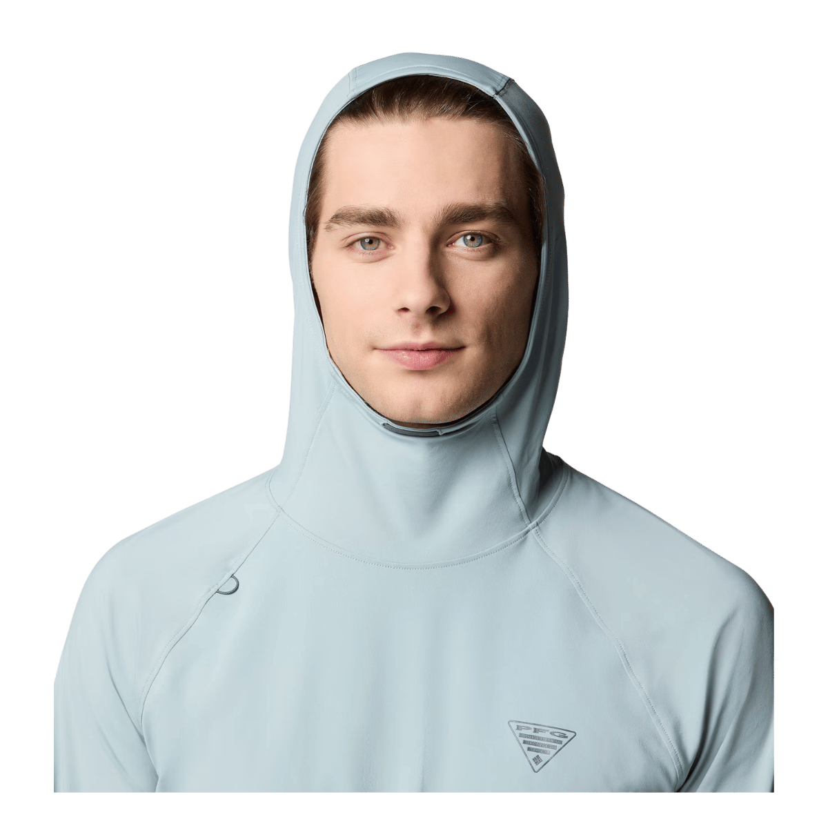 COLUMBIA MEN'S WILD CAST SUN HOODIE - CRUSHED BLUE - CLOSE-UP HOOD FRONT VIEW