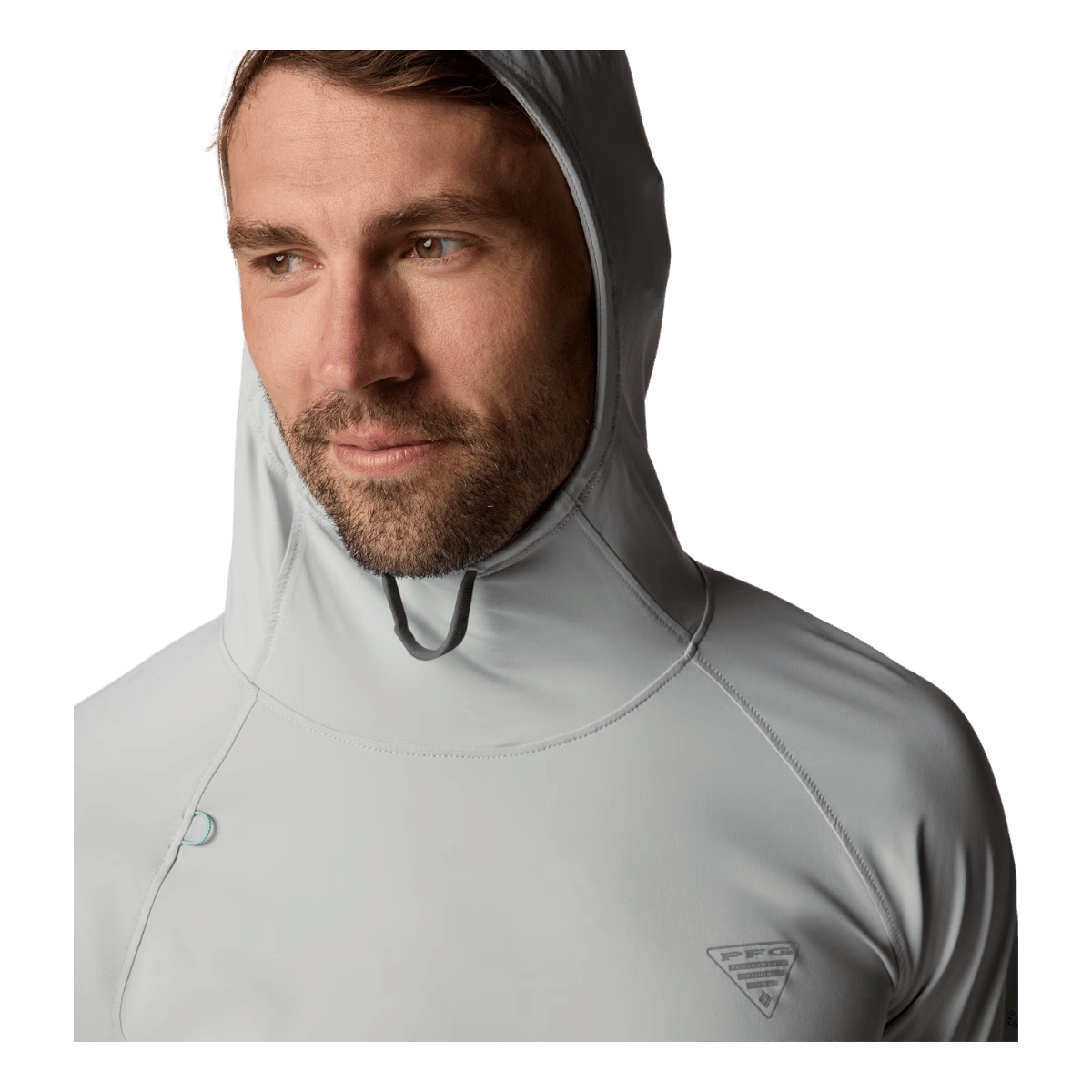 COLUMBIA MEN'S WILD CAST SUN HOODIE - COOL GREY - CLOSE-UP HOOD FRONT VIEW