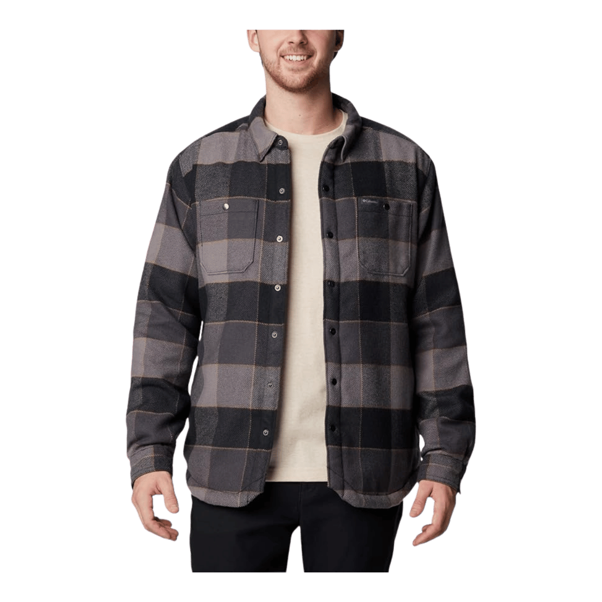 COLUMBIA MEN'S WINDWARD II SHIRT JACKET - BLACK MULTI WINDOWPANE - FRONT VIEW