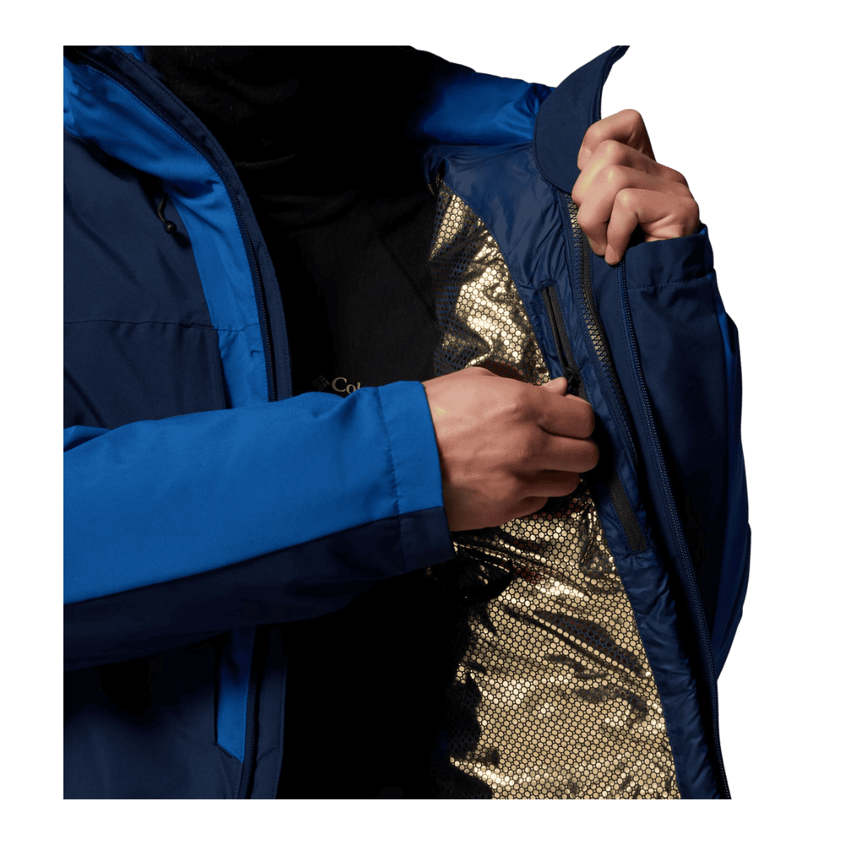 COLUMBIA MEN'S WINTER DISTRICT II INTERCHANGE JACKET - BLACK/MOUNTAIN BLUE - INNER ZIPPER VIEW