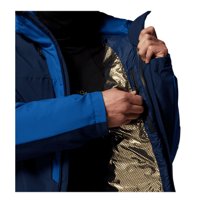 COLUMBIA MEN'S WINTER DISTRICT II INTERCHANGE JACKET - BLACK/MOUNTAIN BLUE - INNER ZIPPER VIEW