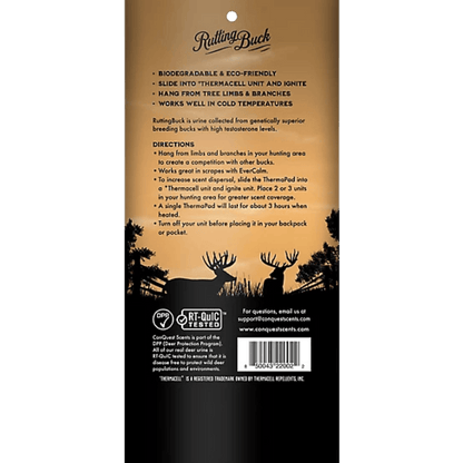 CONQUEST SCENT STICKS RUTTINGBUCK THERMA PADS 5 PACK - PACKAGING BACK VIEW
