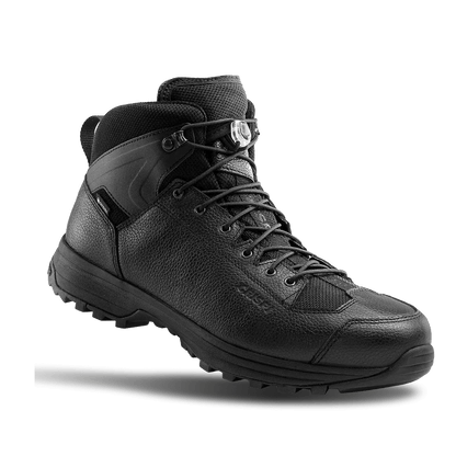 Black Crispi AT4 hiking boot with rugged outsole, leather upper, reinforced toe, and secure lace system. Designed for durability and all-terrain performance.