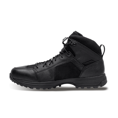 Black Crispi AT4 hiking boot with rugged outsole, leather upper, reinforced toe, and secure lace system. Designed for durability and all-terrain performance.