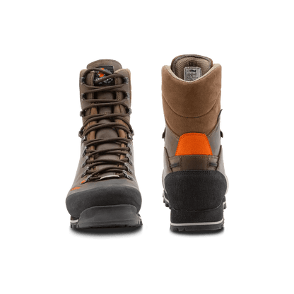 Brown Crispi Upland Pro boot with durable leather upper, reinforced rubber toe cap, and rugged outsole. Features high ankle support and secure lacing system for stability and protection in upland terrain.
