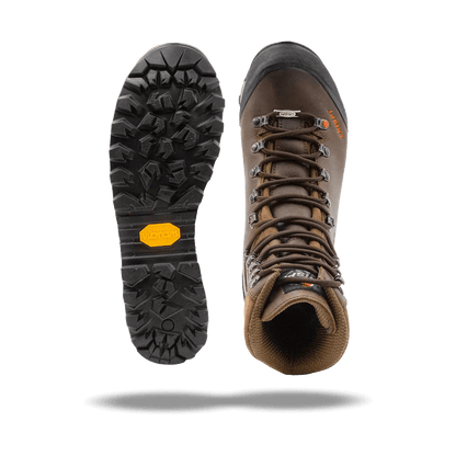 Brown Crispi Upland Pro boot with durable leather upper, reinforced rubber toe cap, and rugged outsole. Features high ankle support and secure lacing system for stability and protection in upland terrain.
