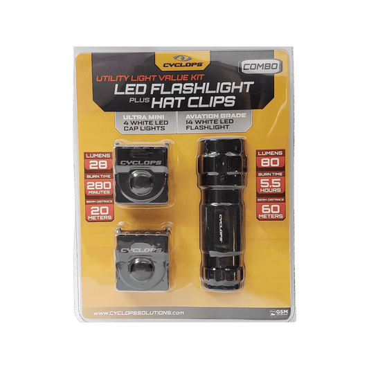 CYCLOPS LED FLASHLIGHT W/LED HAT CLIPS - PACKAGING VIEW