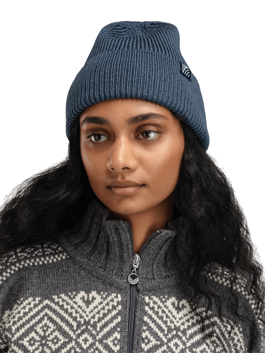 DALE OF NORWAY BOUVET BEANIE HAT - STEEL woman model